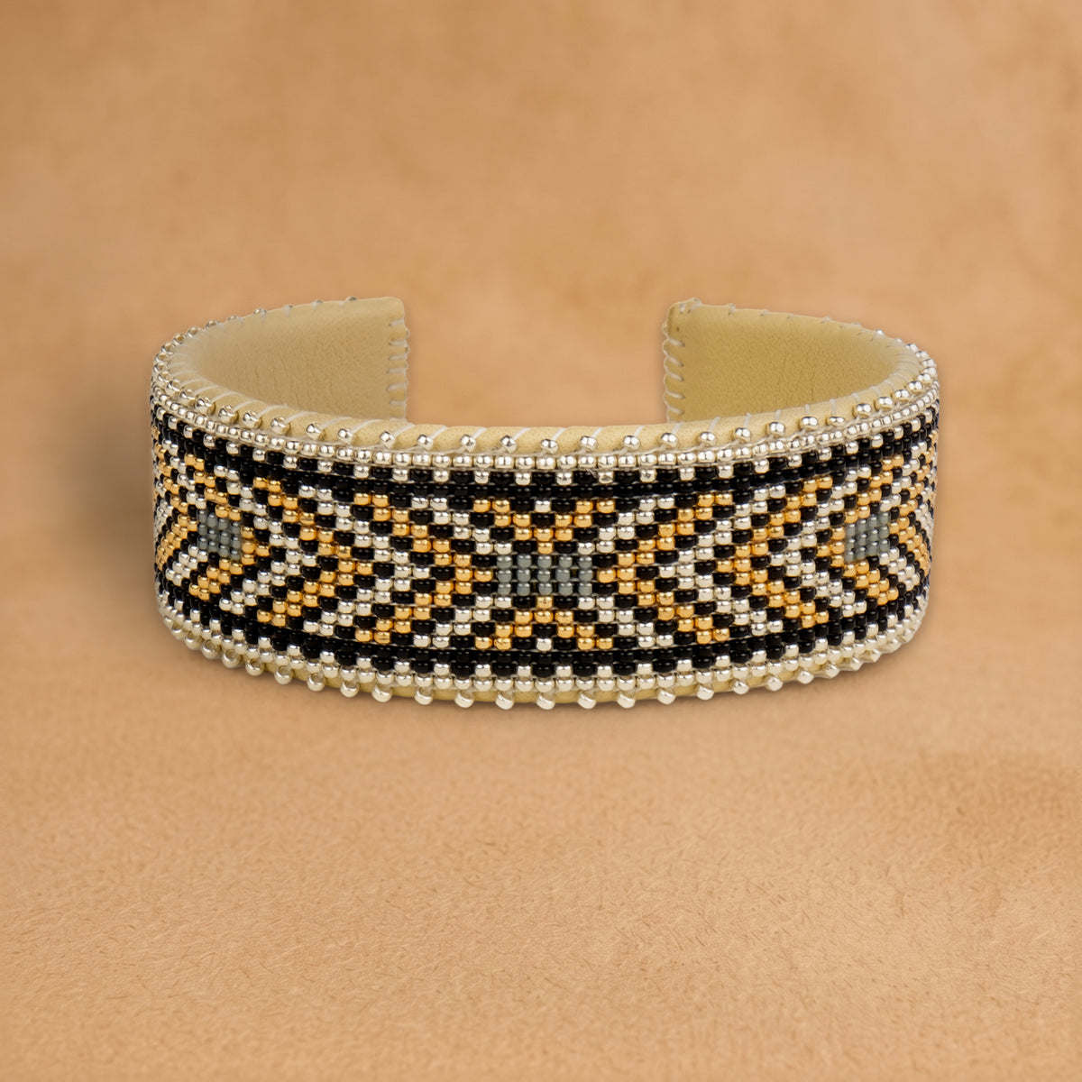 Alice Large beaded cuff, black, gold, white and sage chevrons, handloomed by Navajo artisans in New Mexico