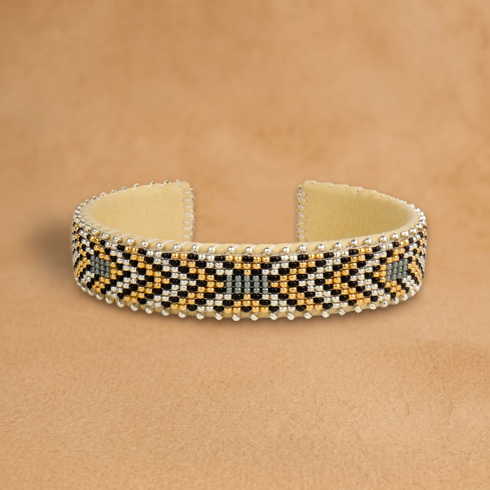 Alice Small beaded cuff, black, gold, white and sage chevrons, handloomed by Navajo artisans in New Mexico
