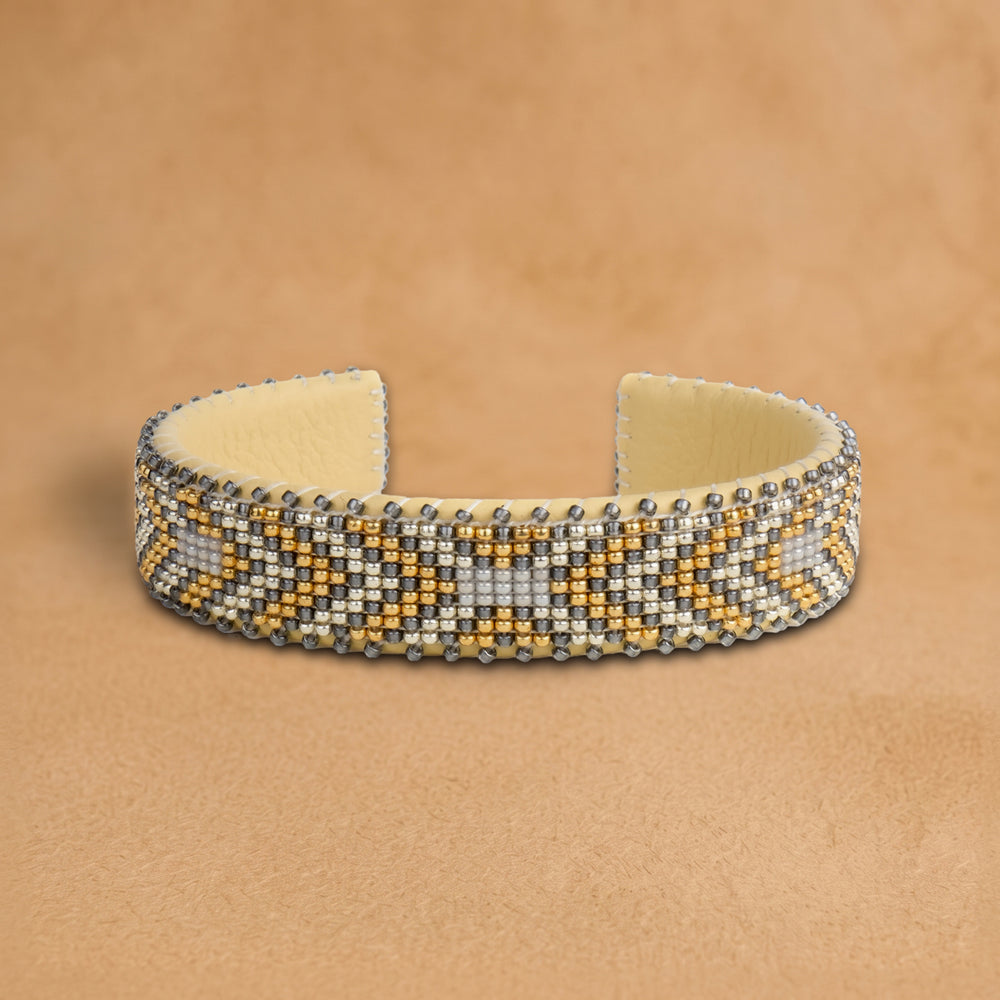 Andrea Small beaded cuff, silver, grey and gold chevrons, handloomed by Navajo artisans in New Mexico