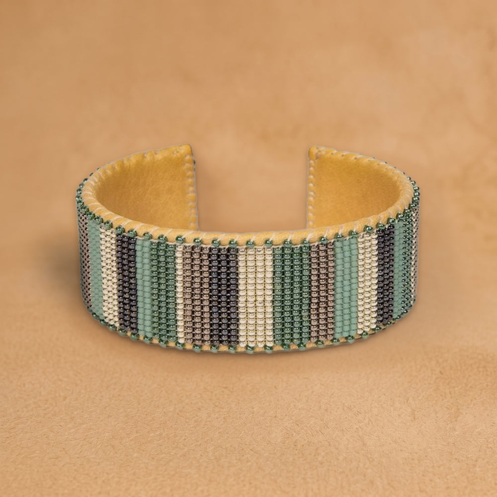 Avani Large beaded cuff, vertical stripes in sage green, grey, cream and charcoal, handloomed by Navajo artisans in New Mexico