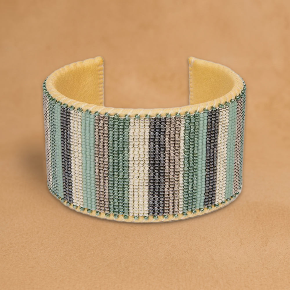 Avani X Large beaded cuff, vertical stripes in sage green, grey, cream and charcoal, handloomed by Navajo artisans in New Mexico