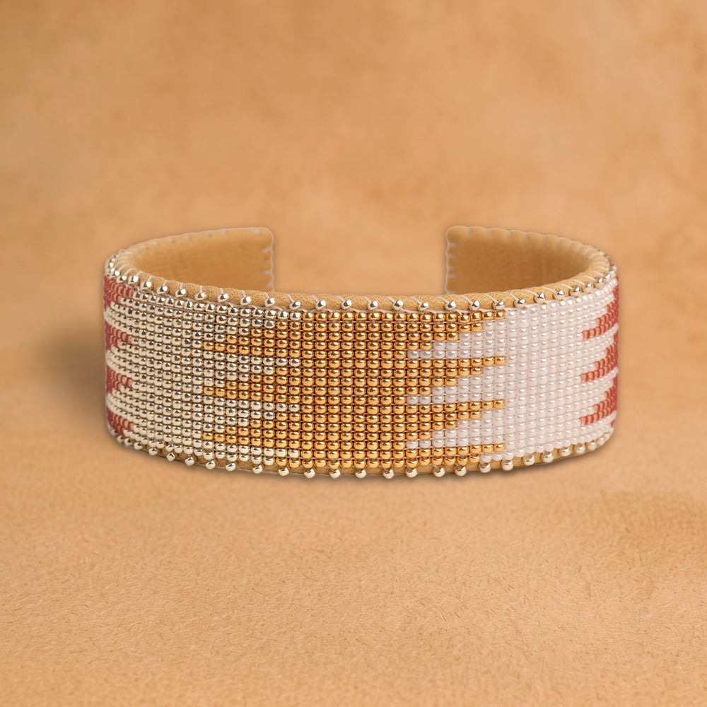 Camille Large beaded cuff, white and silver with a gold and rose flame pattern, handloomed by Navajo artisans in New Mexico