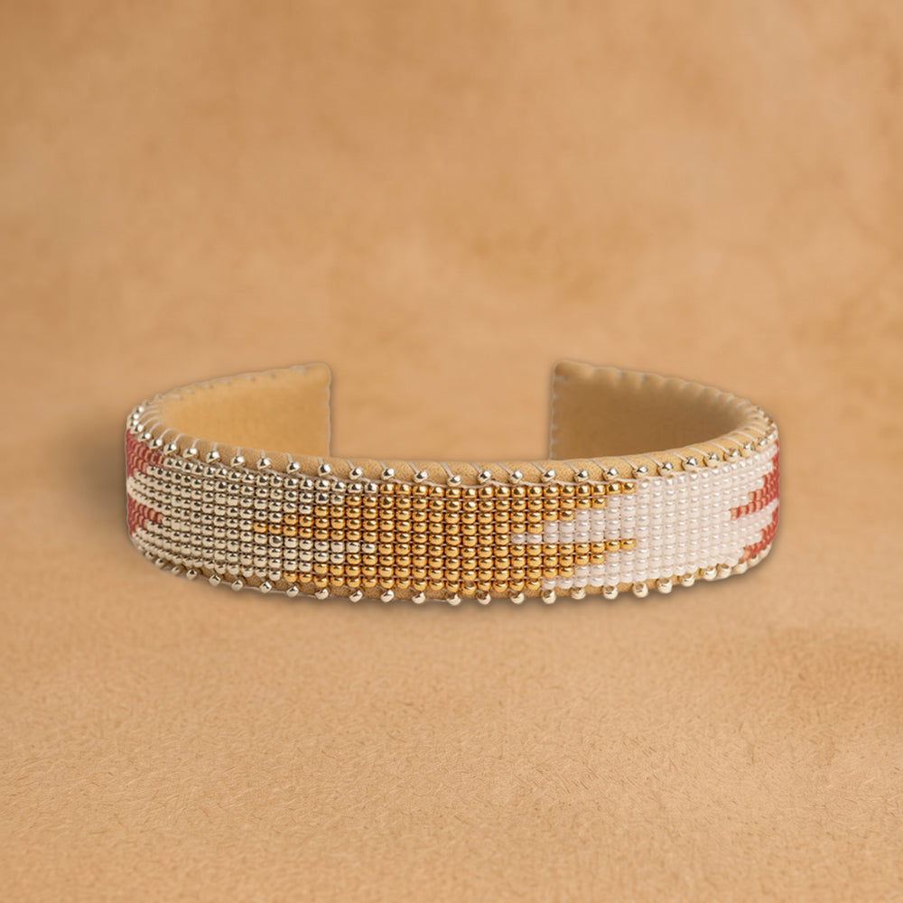 Camille Small beaded cuff, white and silver with a gold and rose flame pattern, handloomed by Navajo artisans in New Mexico