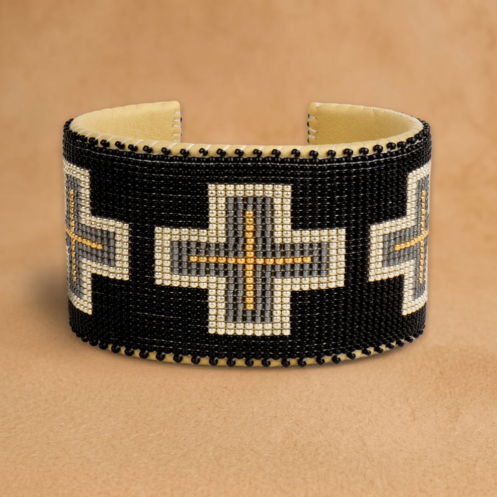 Cara X Large beaded cuff, black with cream, grey and gold crosses, handloomed by Navajo artisans in New Mexico
