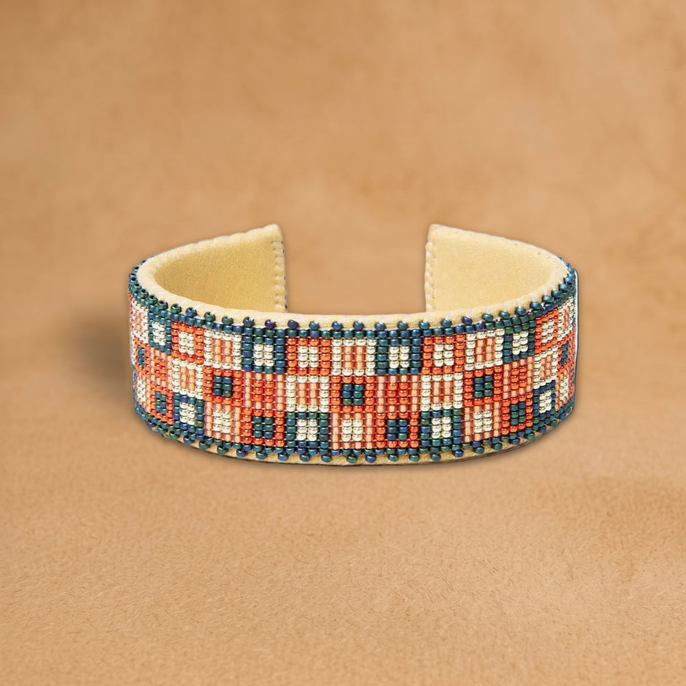 Cornflower Large beaded cuff, teal blue with coral and white squares, handloomed by Navajo artisans in New Mexico