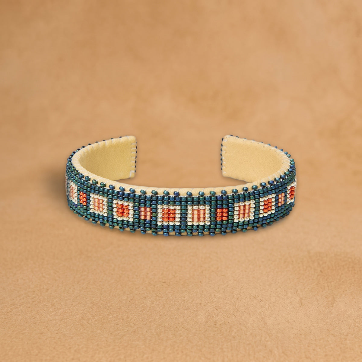 Cornflower Small beaded cuff, teal blue with coral and white squares, handloomed by Navajo artisans in New Mexico