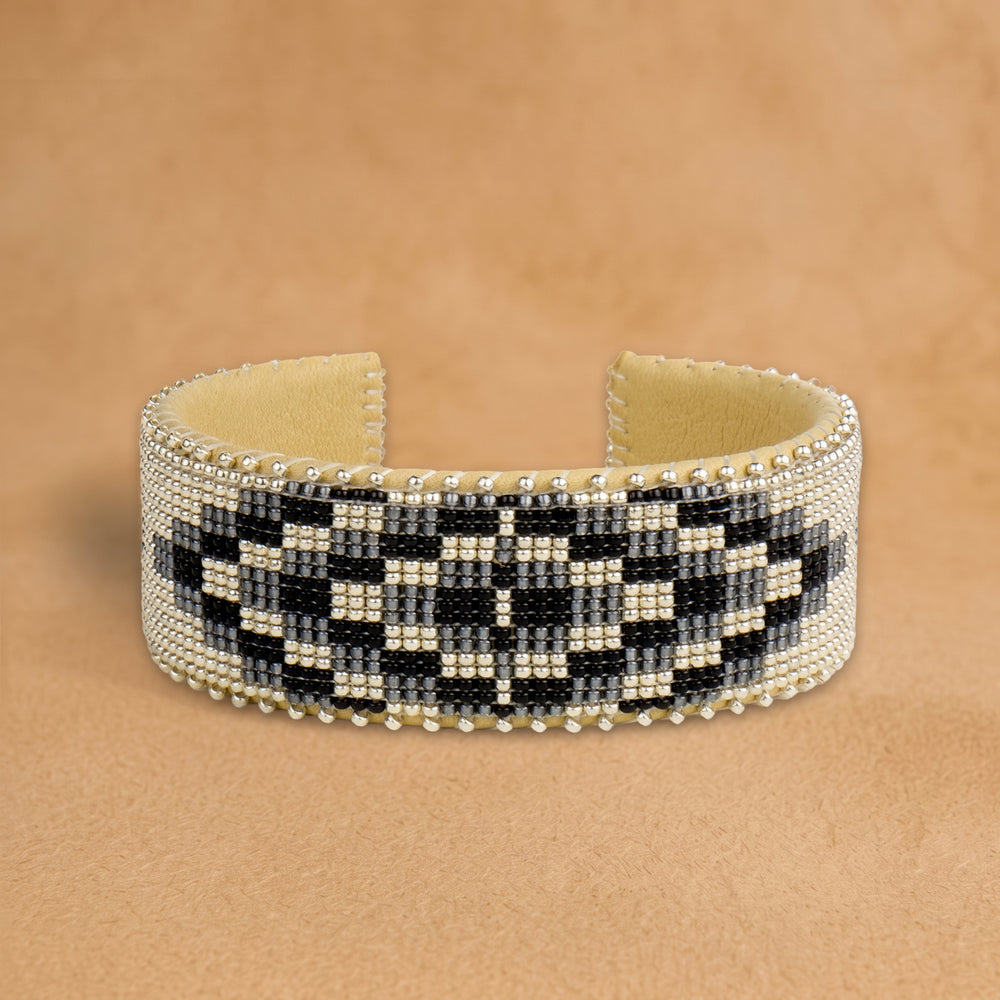 Dakota Large beaded cuff, white, black and grey diamond pattern, handloomed by Navajo artisans in New Mexico