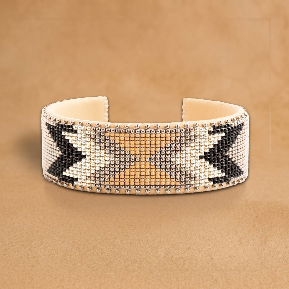 Dawn Large beaded cuff, white, black and tan arrow pattern, handloomed by Navajo artisans in New Mexico