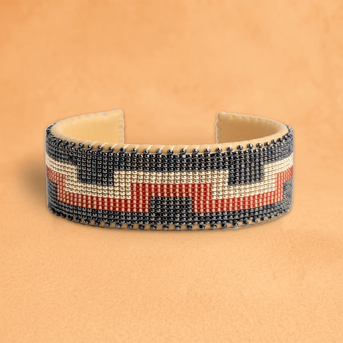 Destiny Large beaded cuff, charcoal, silver and terracotta stepped pattern, handloomed by Navajo artisans in New Mexico