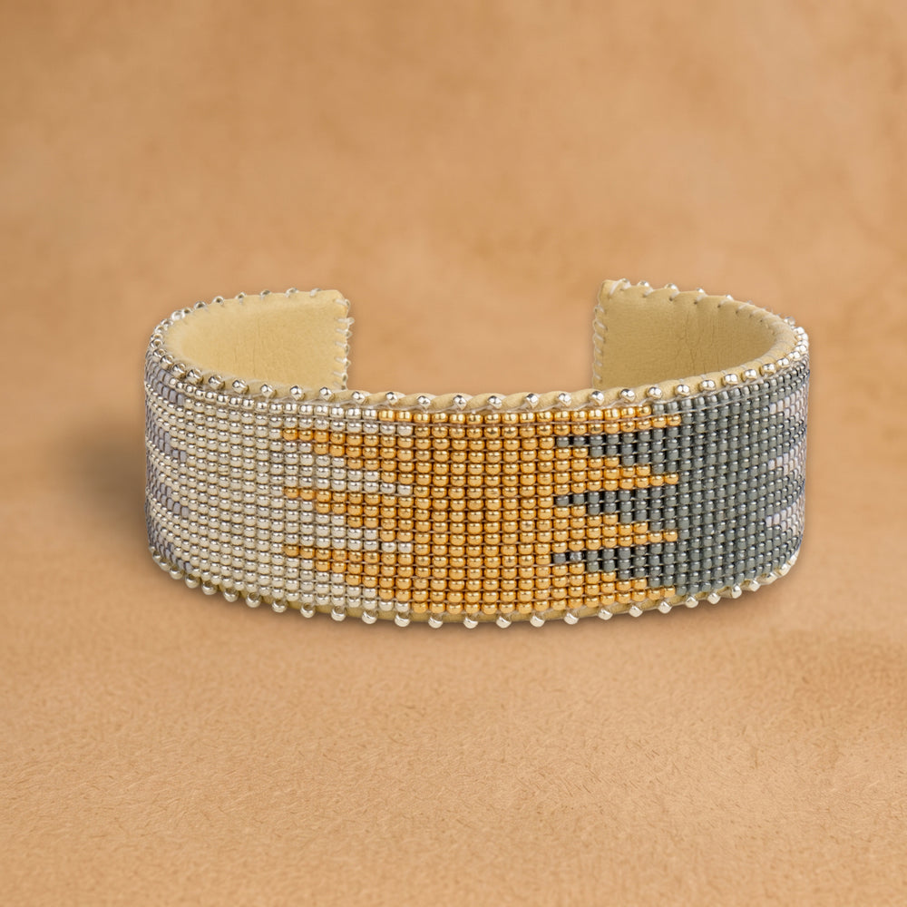 Drew Large beaded cuff, silver, gold and grey-green flame pattern, handloomed by Navajo artisans in New Mexico