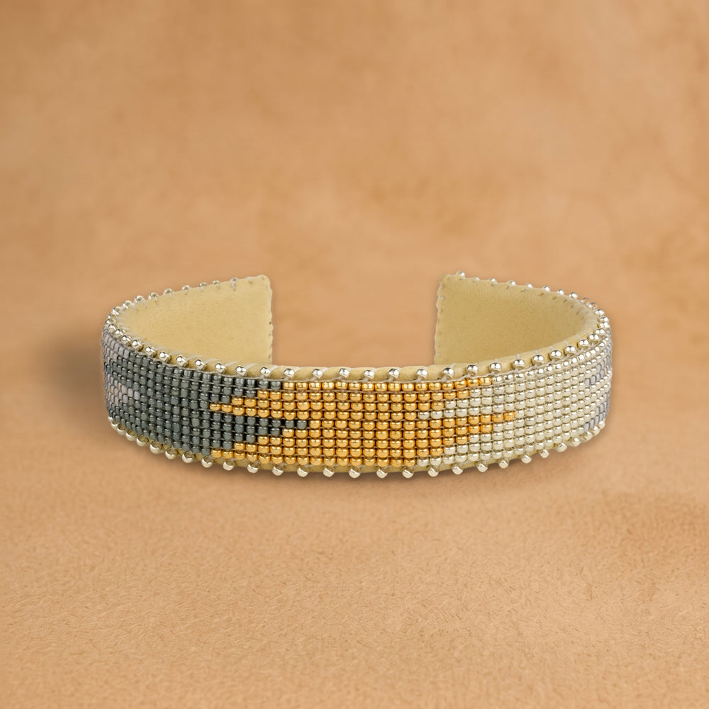 Drew Small beaded cuff, silver, gold and grey-green flame pattern, handloomed by Navajo artisans in New Mexico