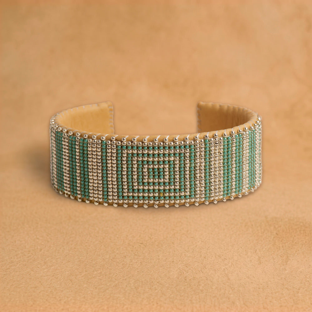 Esme Large beaded cuff, silver with sage green concentric squares and stripes, handloomed by Navajo artisans in New Mexico