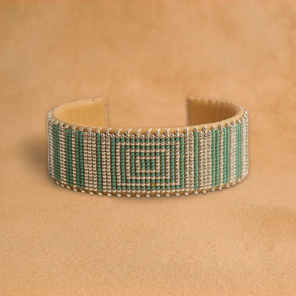 Esme Large beaded cuff, silver with sage green concentric squares and stripes, handloomed by Navajo artisans in New Mexico