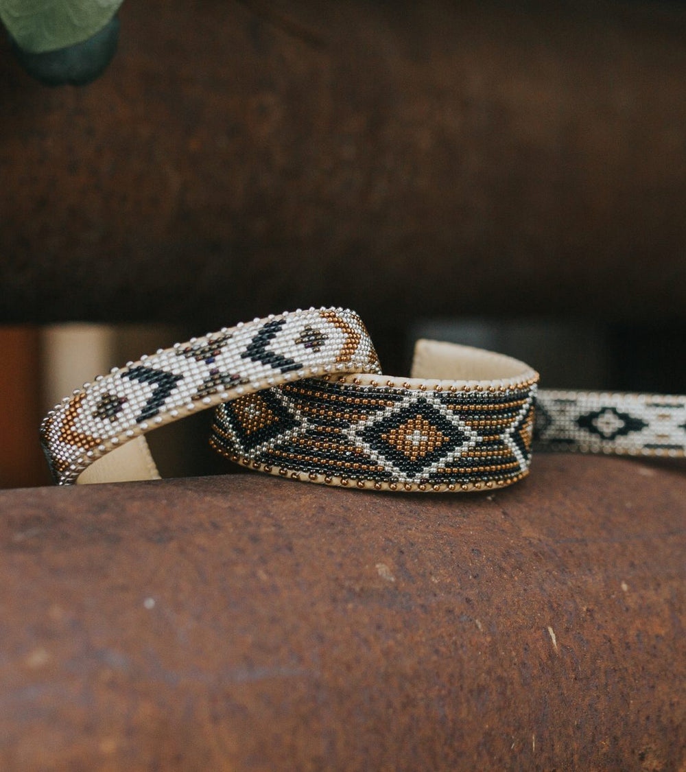 Loomed beadwork, more than 1,200 glass beads to a cuff