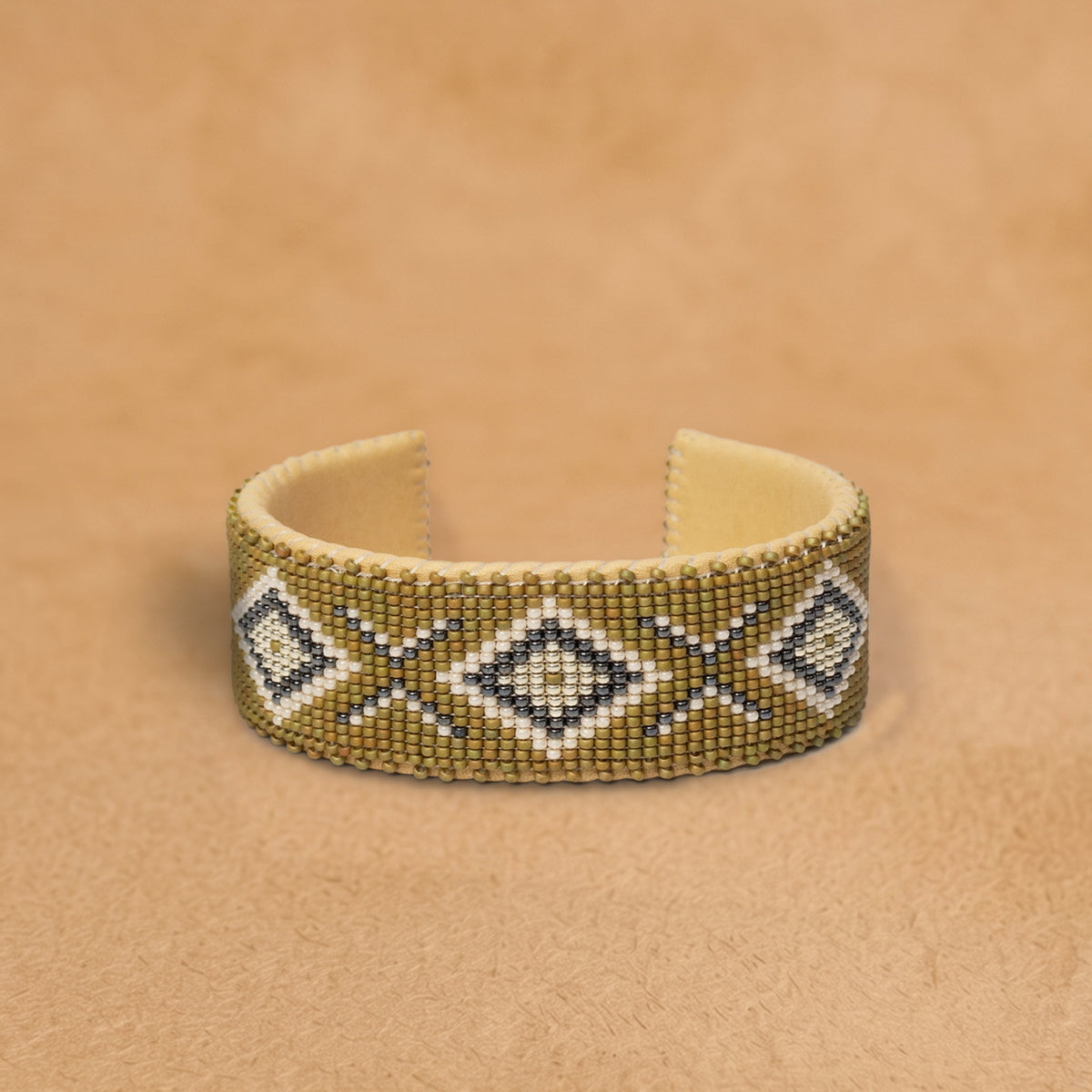 Forest Large beaded cuff, olive green with white, silver and charcoal diamonds, handloomed by Navajo artisans in New Mexico