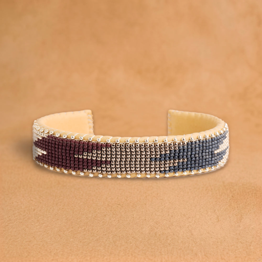Garnet Small beaded cuff, slate blue, silver and burgundy flame pattern, handloomed by Navajo artisans in New Mexico