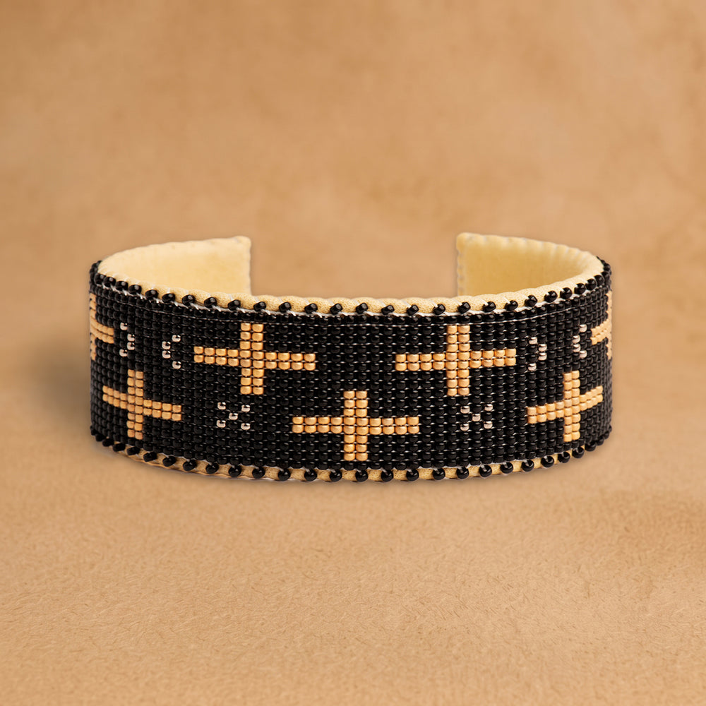 Honor Large 7 inch beaded cuff, black with peach crosses, handloomed by Navajo artisans in New Mexico