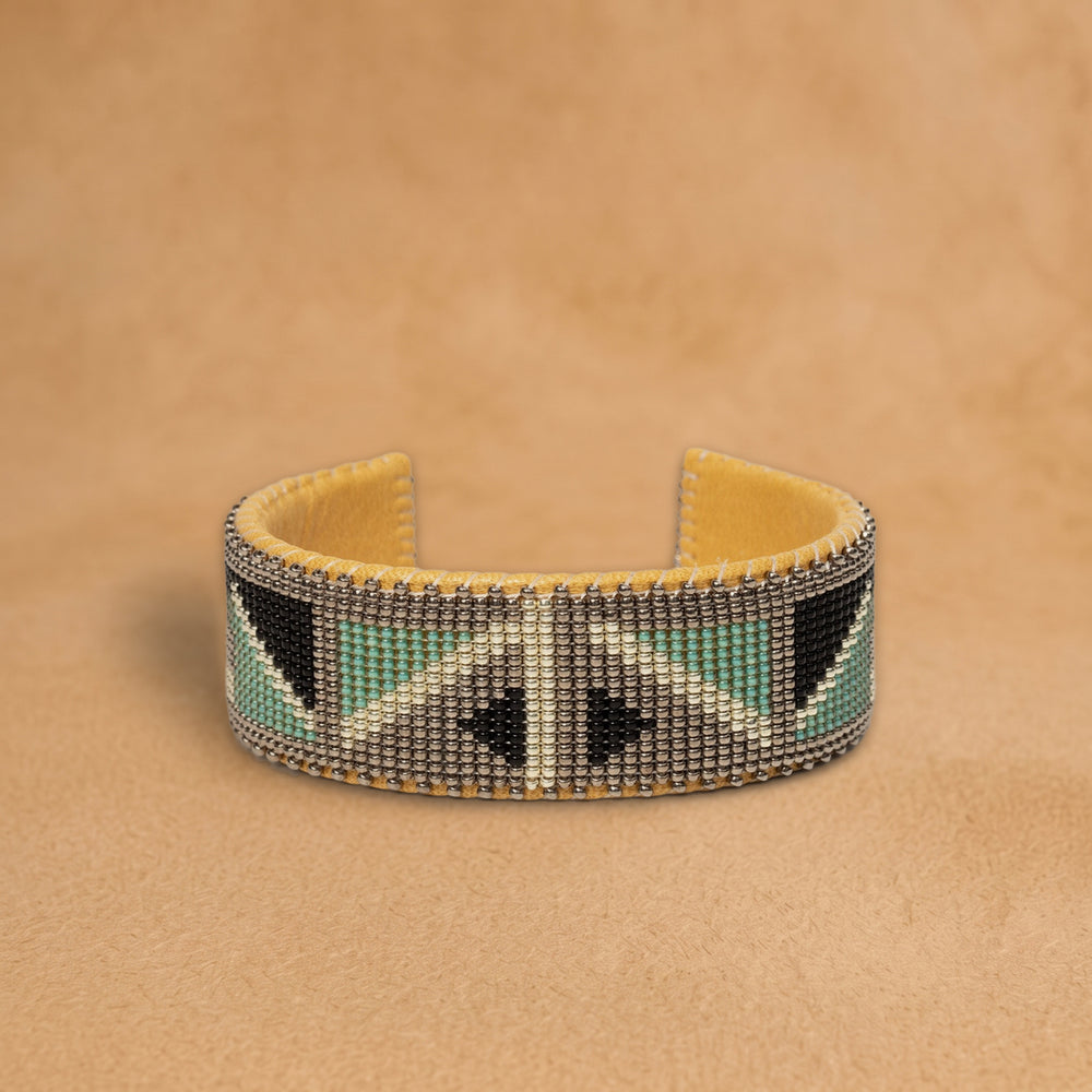 Isabelle Large beaded cuff, grey with mint green and black triangles, handloomed by Navajo artisans in New Mexico