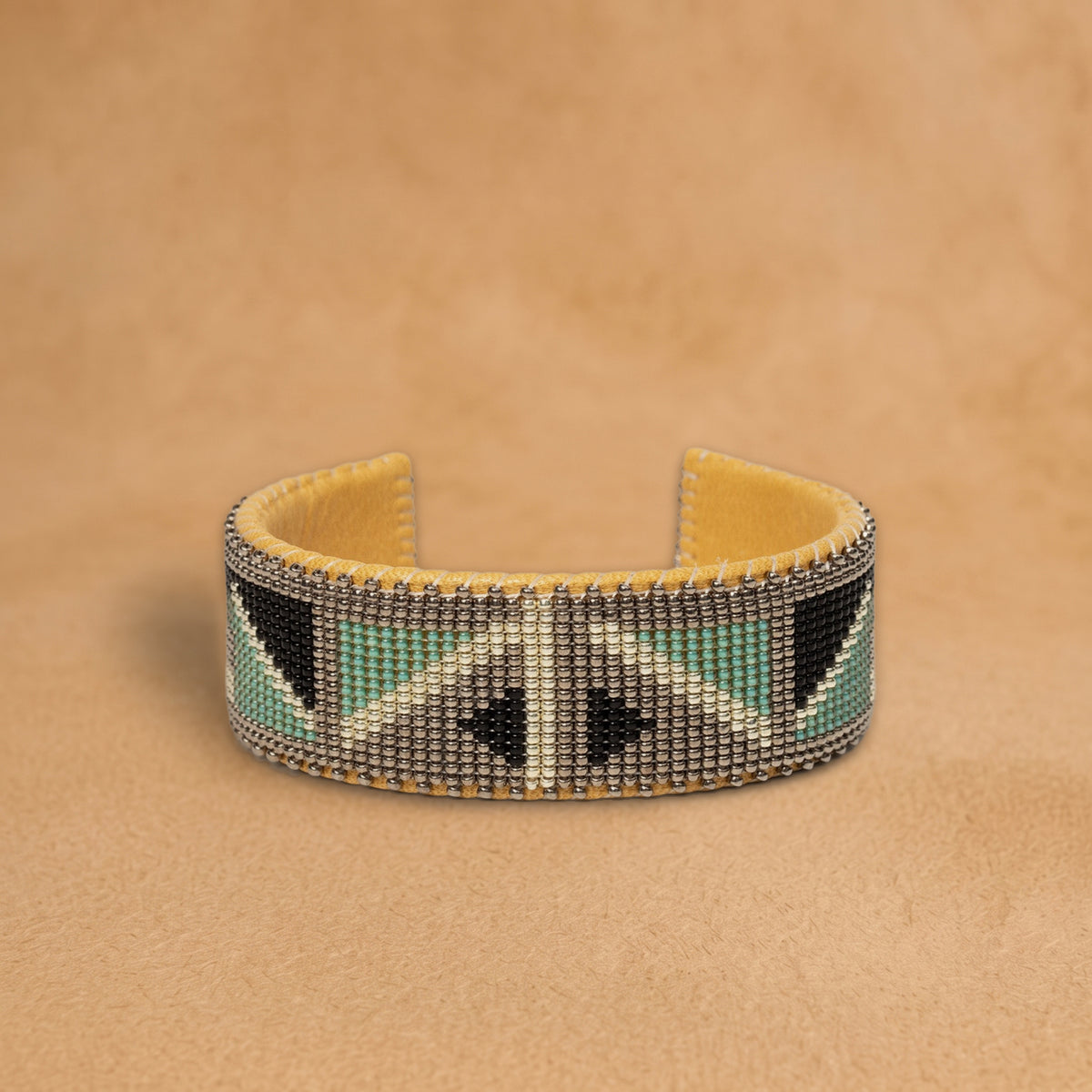Isabelle Large beaded cuff, grey with mint green and black triangles, handloomed by Navajo artisans in New Mexico