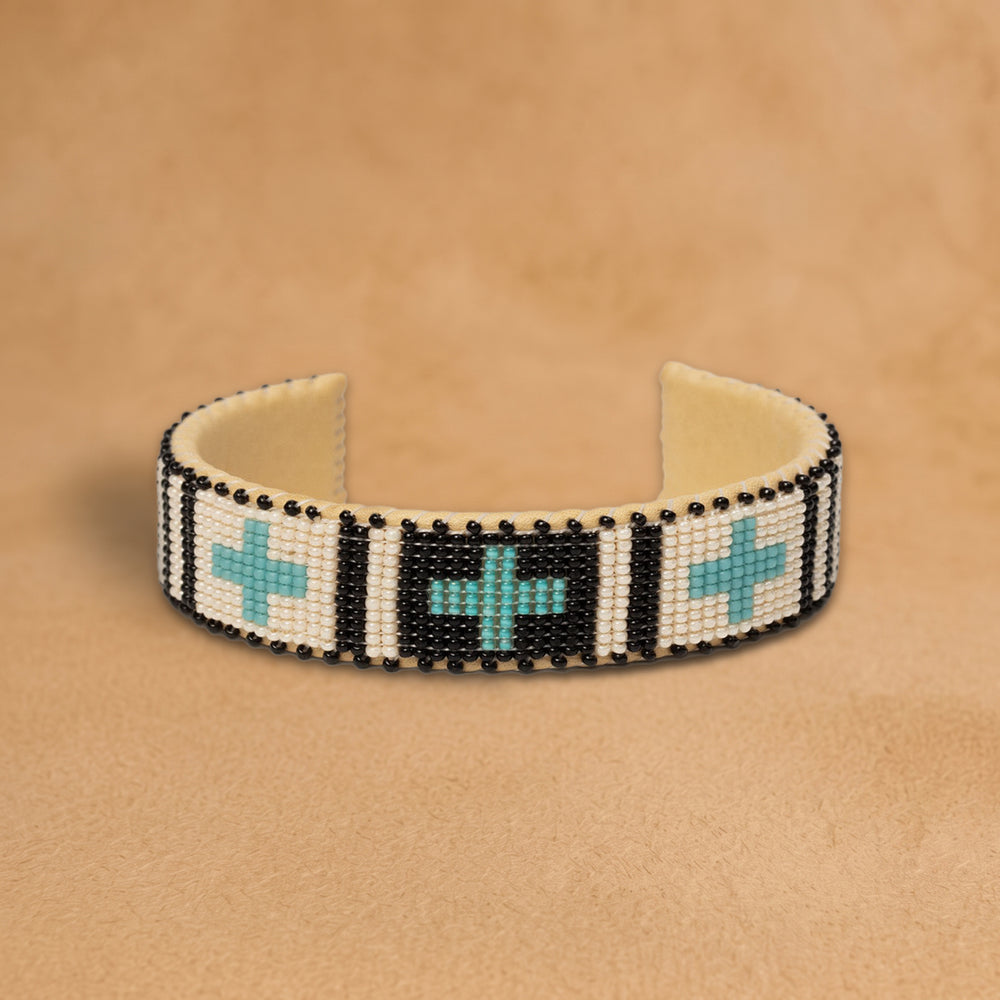 Jaclyn Medium beaded cuff, white and black panels with turquoise crosses, handloomed by Navajo artisans in New Mexico