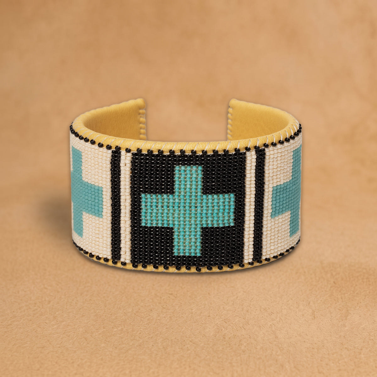 Jaclyn X Large beaded cuff, white and black panels with turquoise crosses, handloomed by Navajo artisans in New Mexico