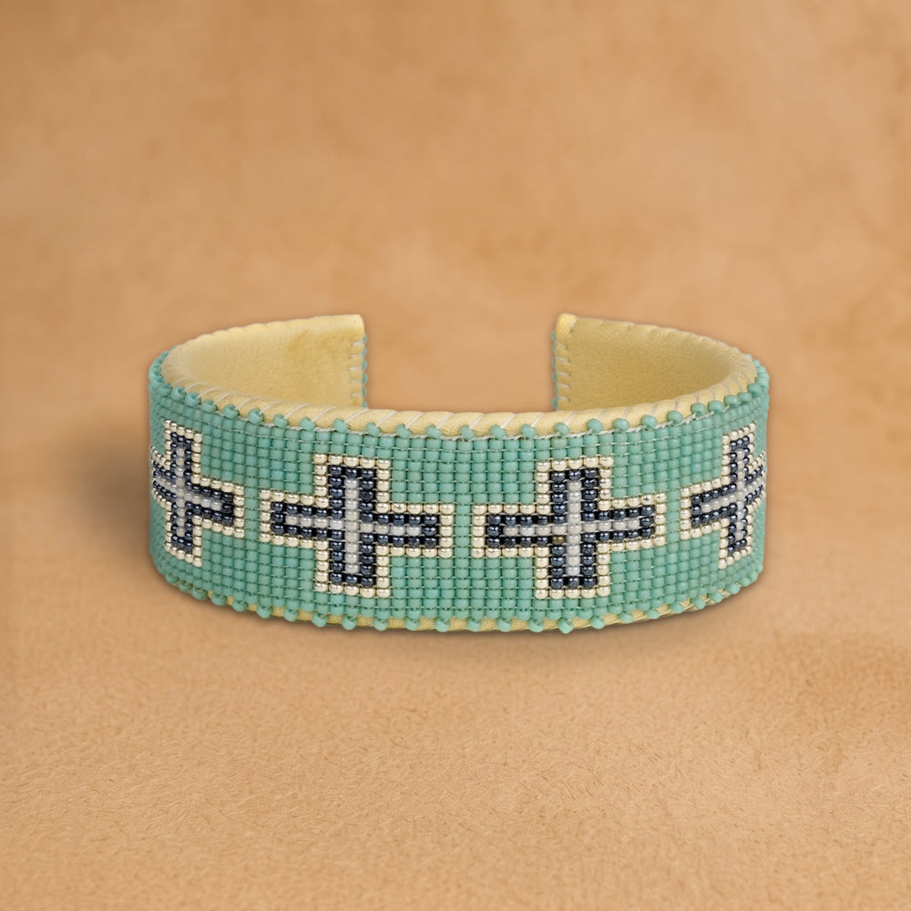 Juliayn Large beaded cuff, turquoise with navy and white crosses, handloomed by Navajo artisans in New Mexico