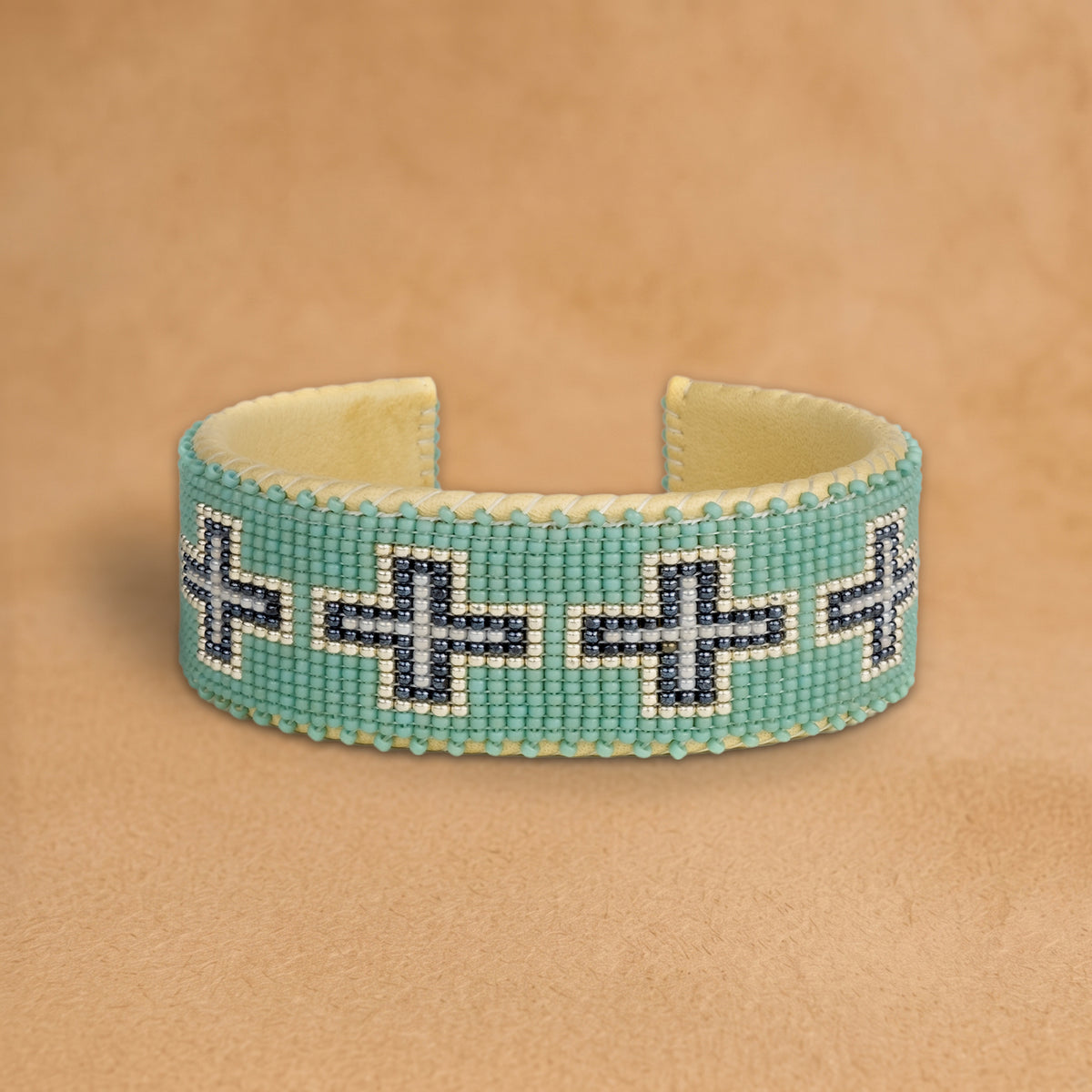 Juliayn Large beaded cuff, turquoise with navy and white crosses, handloomed by Navajo artisans in New Mexico