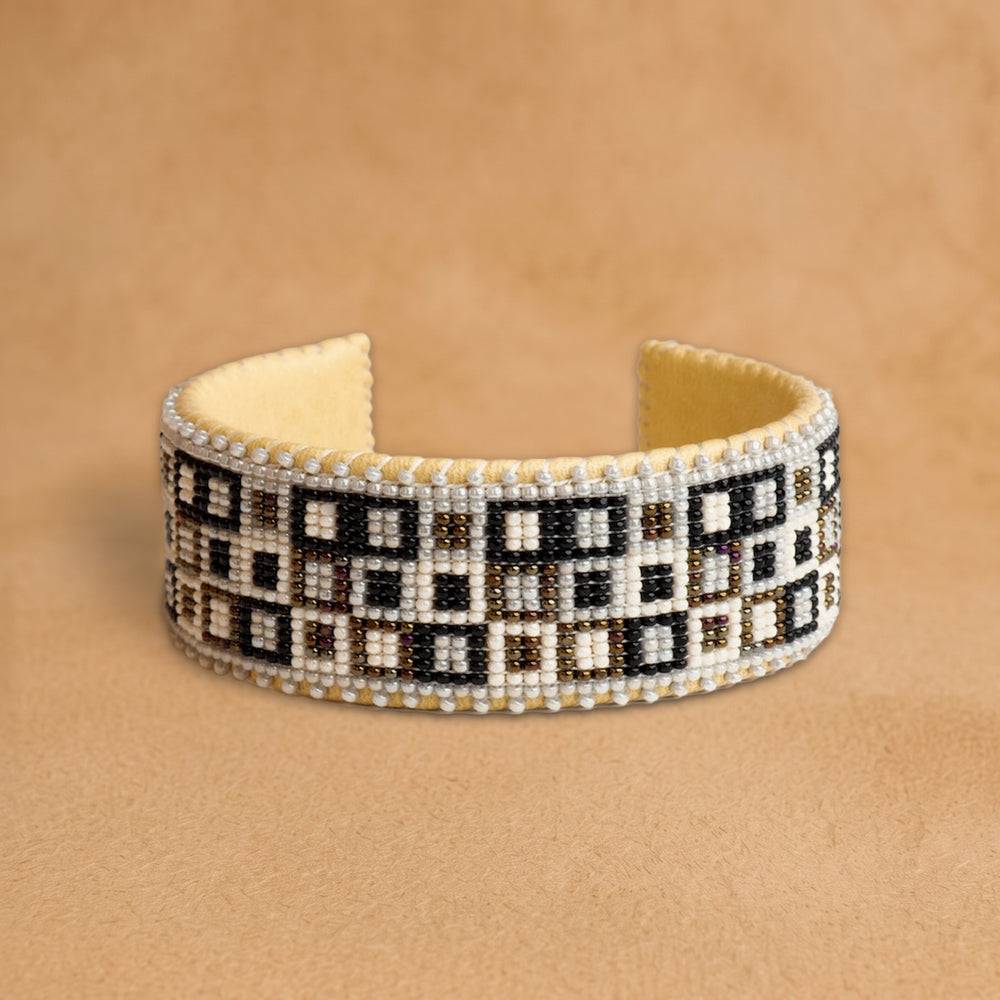 Kate Large beaded cuff, white with black and bronze squares, handloomed by Navajo artisans in New Mexico