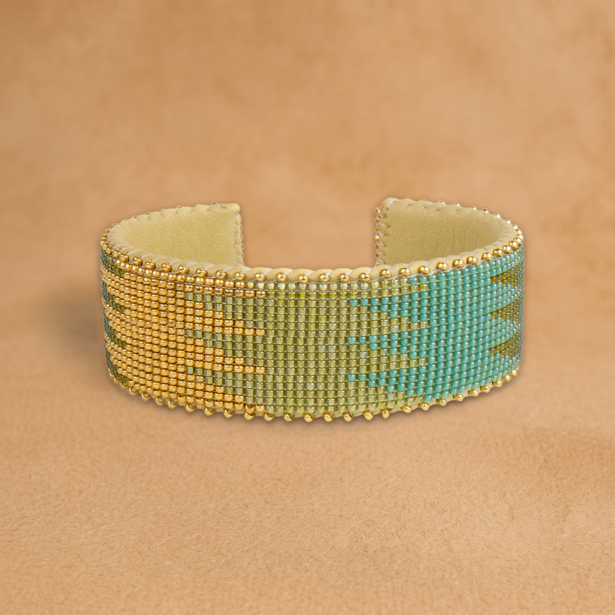 Lacy Large beaded cuff, gold, chartreuse and turquoise flame pattern, handloomed by Navajo artisans in New Mexico