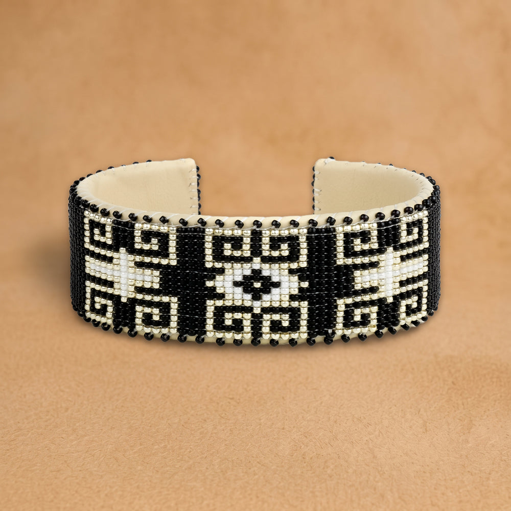 Laura Large beaded cuff, black and white stepped fret pattern, handloomed by Navajo artisans in New Mexico