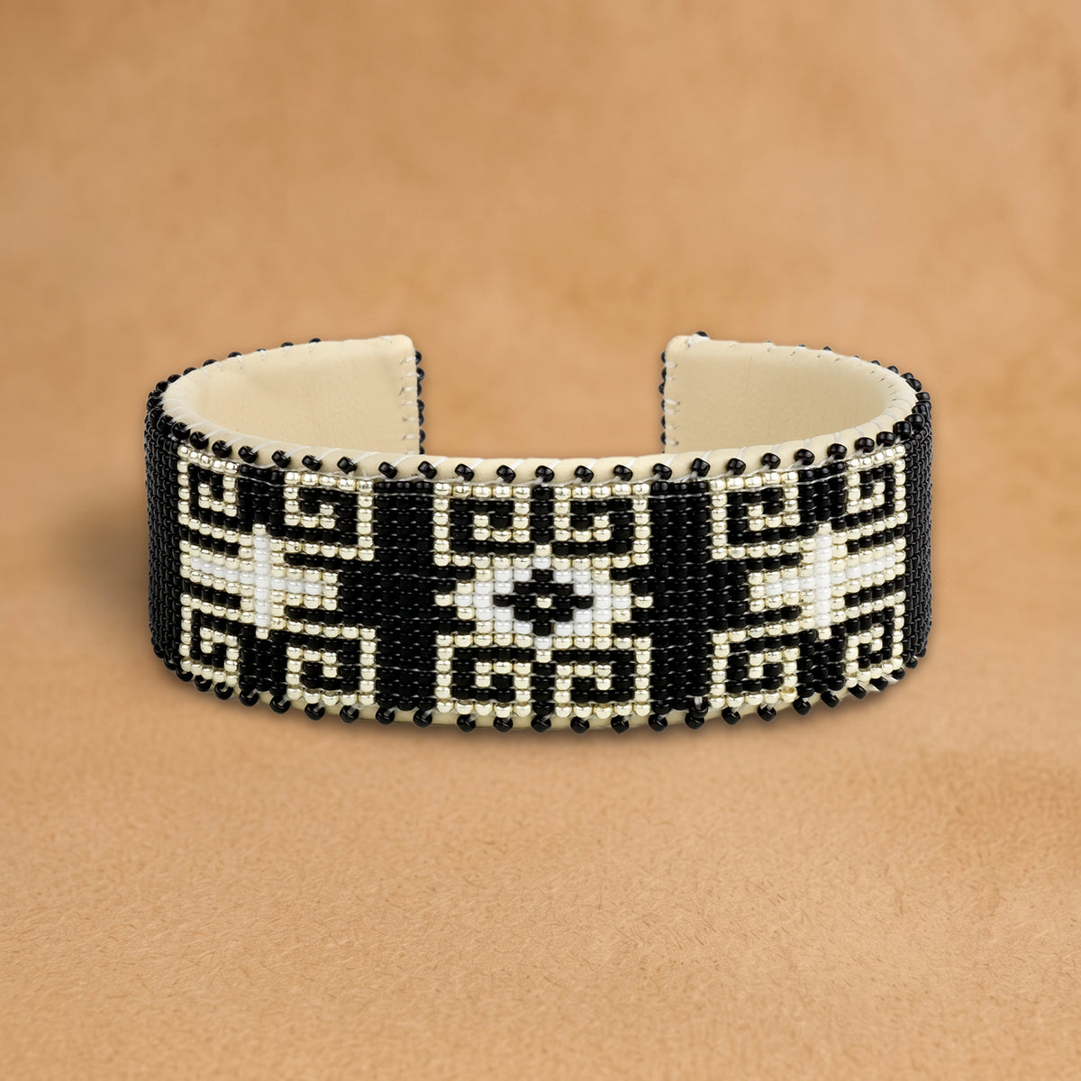 Laura Large beaded cuff, black and white stepped fret pattern, handloomed by Navajo artisans in New Mexico