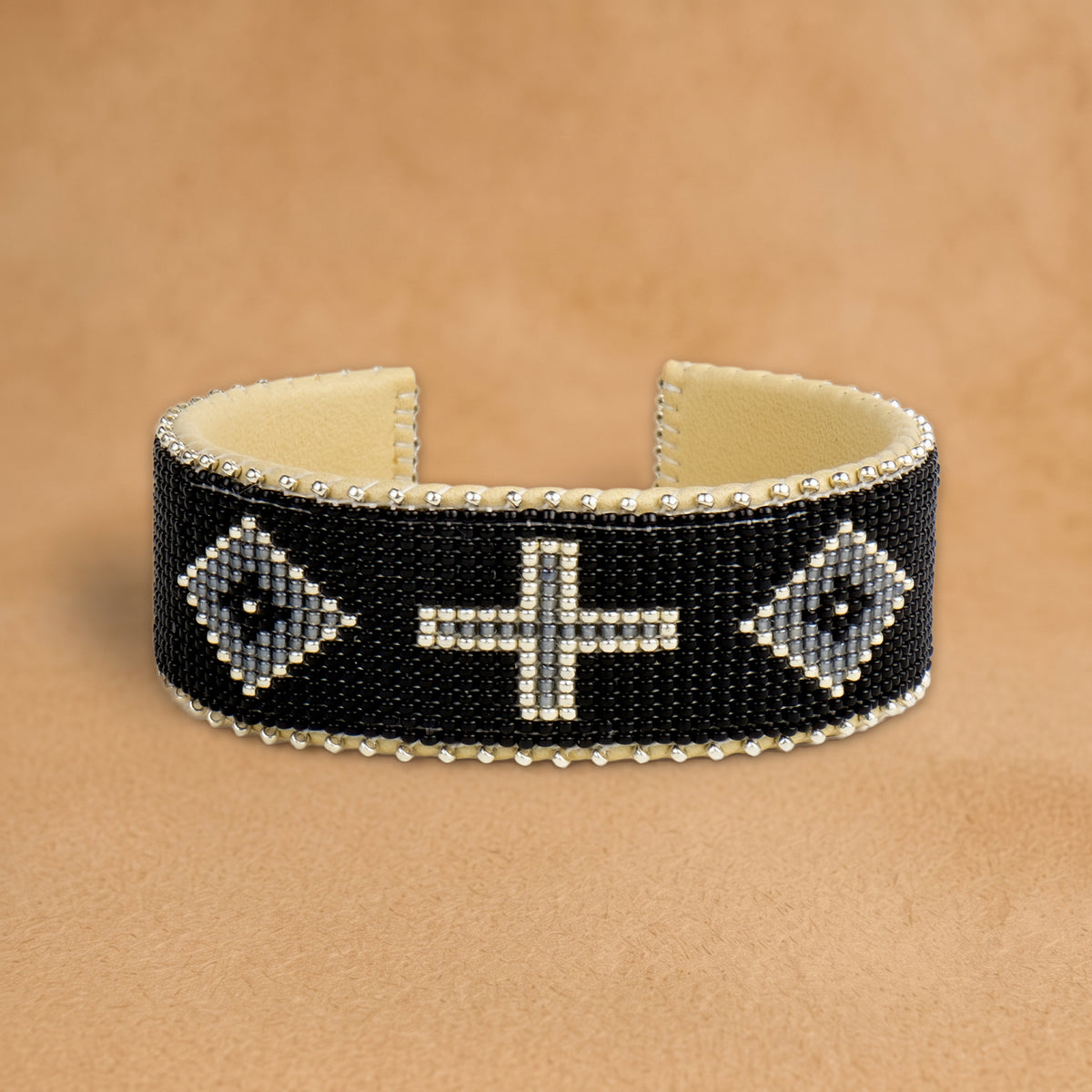 Lolita Large beaded cuff, black with grey diamonds and a silver cross, handloomed by Navajo artisans in New Mexico