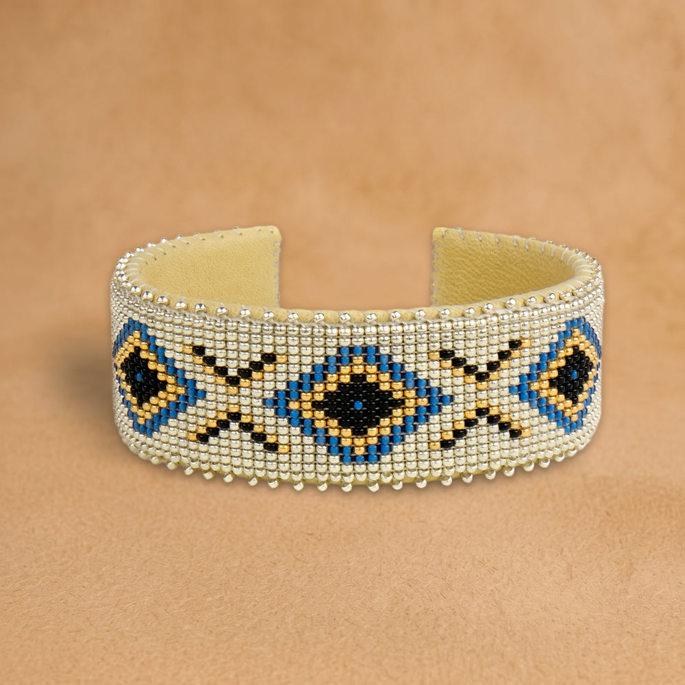 Nova Large beaded cuff, white with black, cobalt blue and gold diamonds, handloomed by Navajo artisans in New Mexico