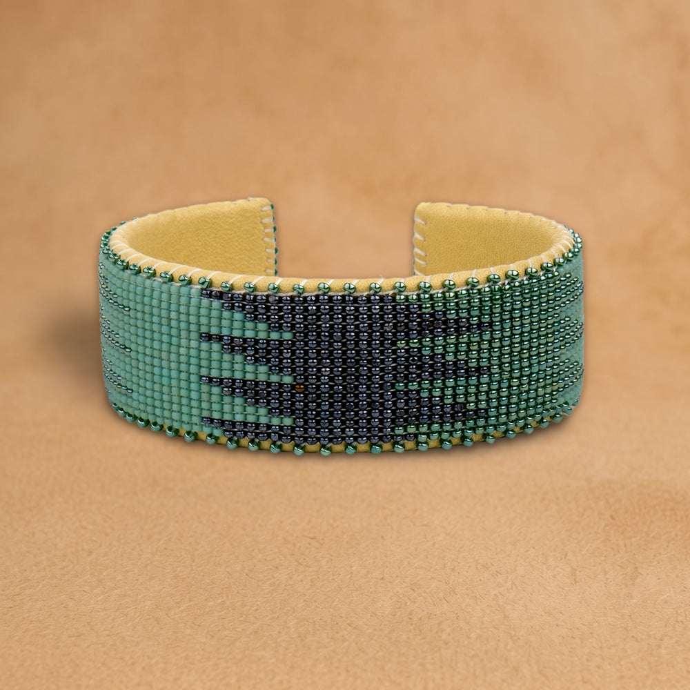 Ocean Large beaded cuff, teal green and navy flame pattern, handloomed by Navajo artisans in New Mexico