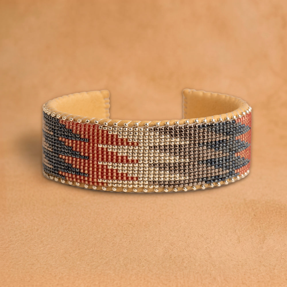 Olivia Large beaded cuff, charcoal, terracotta and silver flame pattern, handloomed by Navajo artisans in New Mexico
