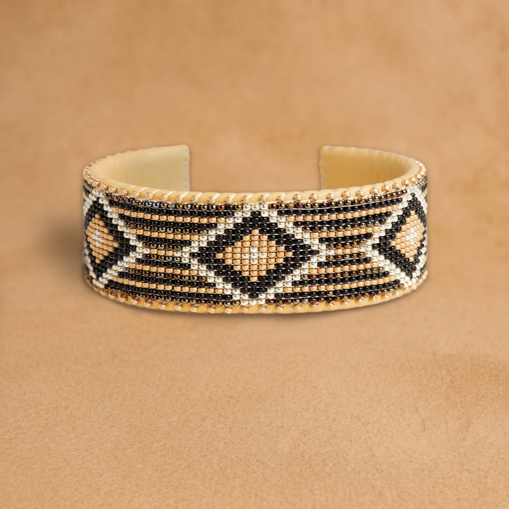 Pilar Large beaded cuff, black, peach and white stripes with diamonds, handloomed by Navajo artisans in New Mexico