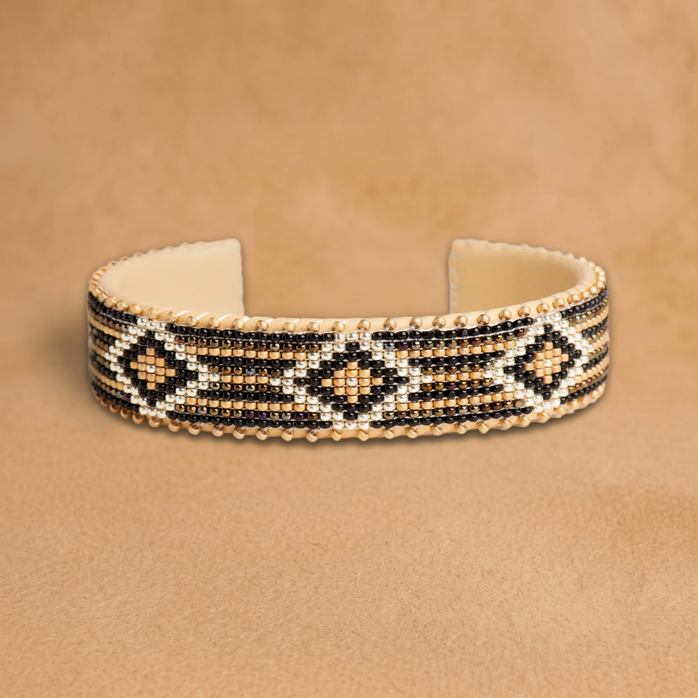 Pilar Medium beaded cuff, black, peach and white stripes with diamonds, handloomed by Navajo artisans in New Mexico