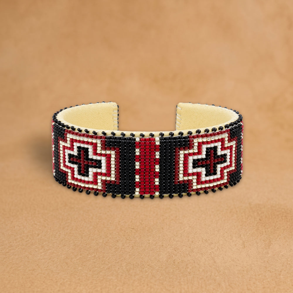 Priscilla Large beaded cuff, black, red and white stepped cross, handloomed by Navajo artisans in New Mexico