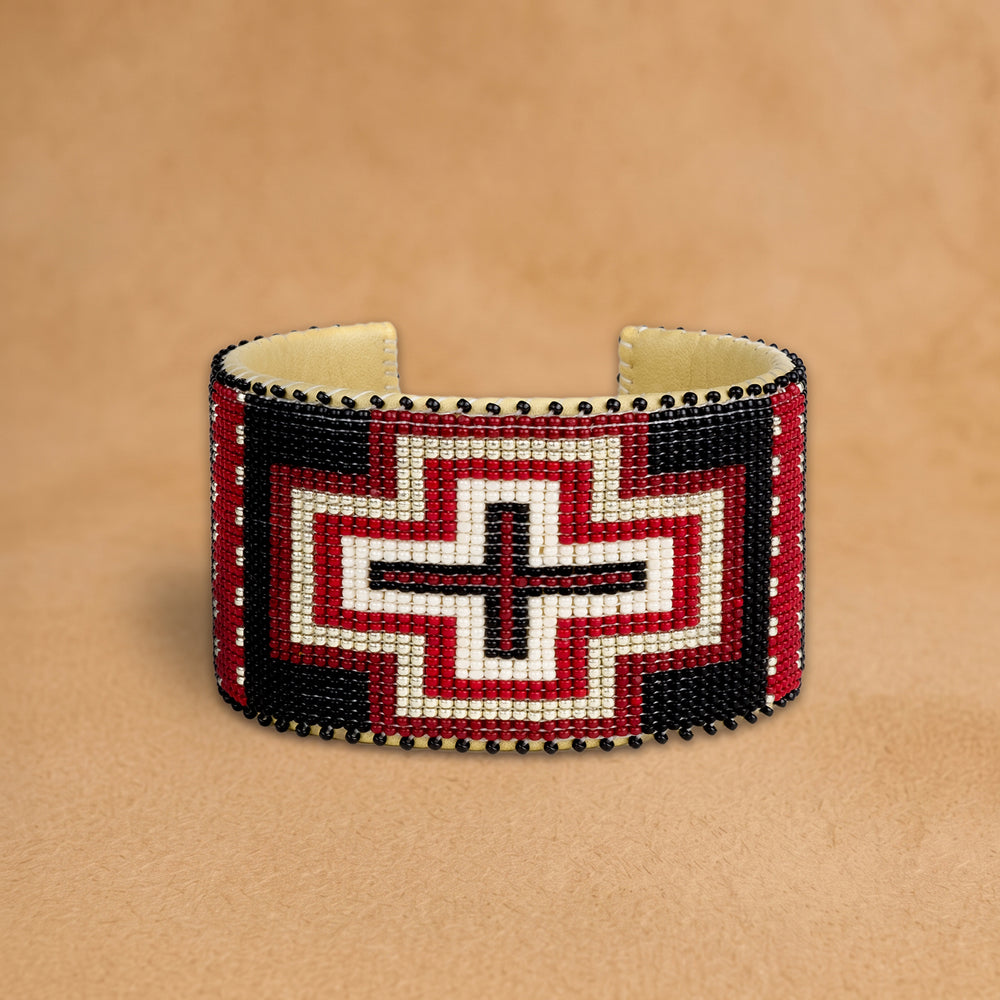 Priscilla X Large beaded cuff, black, red and white stepped cross, handloomed by Navajo artisans in New Mexico