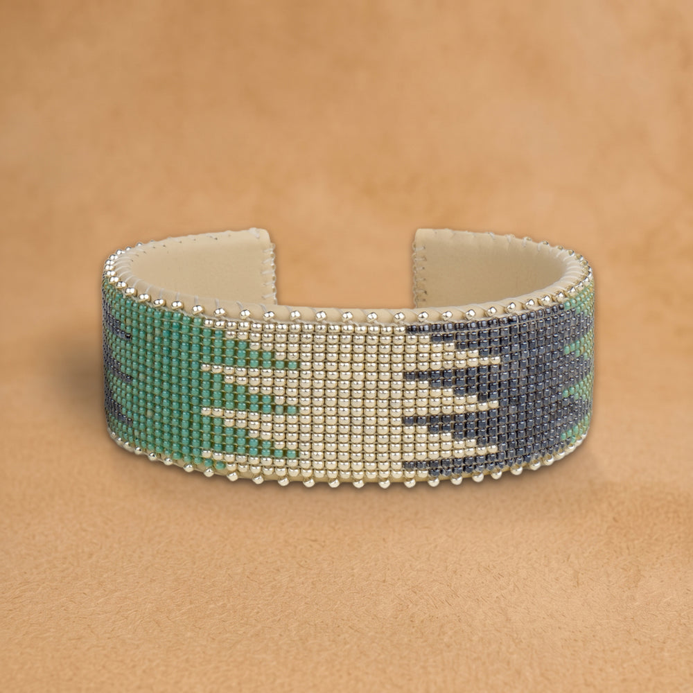 Tess Large beaded cuff, turquoise, silver and slate flame pattern, handloomed by Navajo artisans in New Mexico