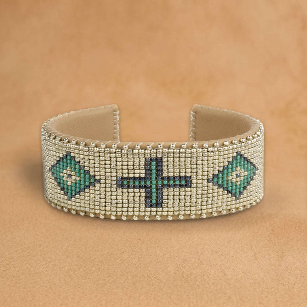 Theo Large beaded cuff, silver with turquoise and navy crosses and diamonds, handloomed by Navajo artisans in New Mexico